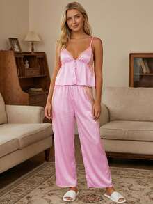 Women's Pajama Sets Lace Patchwork Spaghetti Strap Ruffled Cami Tops With Loose Pants 2Pcs Soft Sleepwear - Pink - View 8