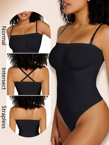 Women's Solid Color Strapless Push-Up Waist And Tummy Control Bodysuit ,Sculpting Body Shaper,Slimming Thong Bodysuit Smooth Shapewear For Women Tube Top Invisible Off-Shoulder Underwear For High Slit Dresses - 黑色 - 查看 7