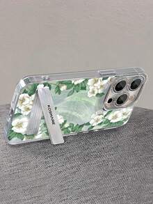 1个电镀闪粉全覆盖绿叶白花手机壳，带3D金属支架，兼容 11/12/13/14/15/16/17/Pro Max - 綠色 - 查看 3