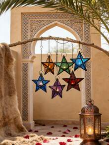 5-Pointed Star Windproof Candle Holder, Iron Colored Glass Lantern, Retro Candle Holder, Holiday Decor, Home Decor, Holiday Hanging Decor, Ornament, Outdoor Garden Decor. Essential For Restaurant Decoration, Creating A Holiday Party Atmosphere.