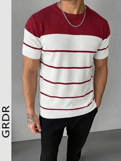 GRDR Men's Spring/Summer Crew Neck Short Sleeve Burgundy & White Colorblock Stripes Knit Fabric Slim Fit Fashion Casual Style Versatile For Daily Wear Men Knit Top