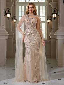 Sequin & Lace Embroidered Shawl, Mesh Overlay Mermaid Hem Zipper Back Elegant Sexy Bodycon Evening Gown - Champagne - View 2