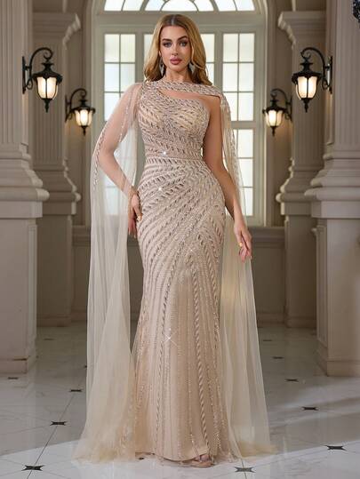 Sequin & Lace Embroidered Shawl, Mesh Overlay Mermaid Hem Zipper Back Elegant Sexy Bodycon Evening Gown