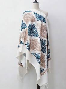 1件装女士秋冬仿羊绒刺绣围巾，加厚保暖流苏刺绣波西米亚风旅行披肩斗篷 - 白色 - 查看 4