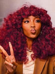 18 Inch Women Long Curly Wig With Bangs, Big Fluffy Synthetic Fiber Wig Without Glue Or Trace, Suitable For Cosplay And Daily Wear - Red - View 2