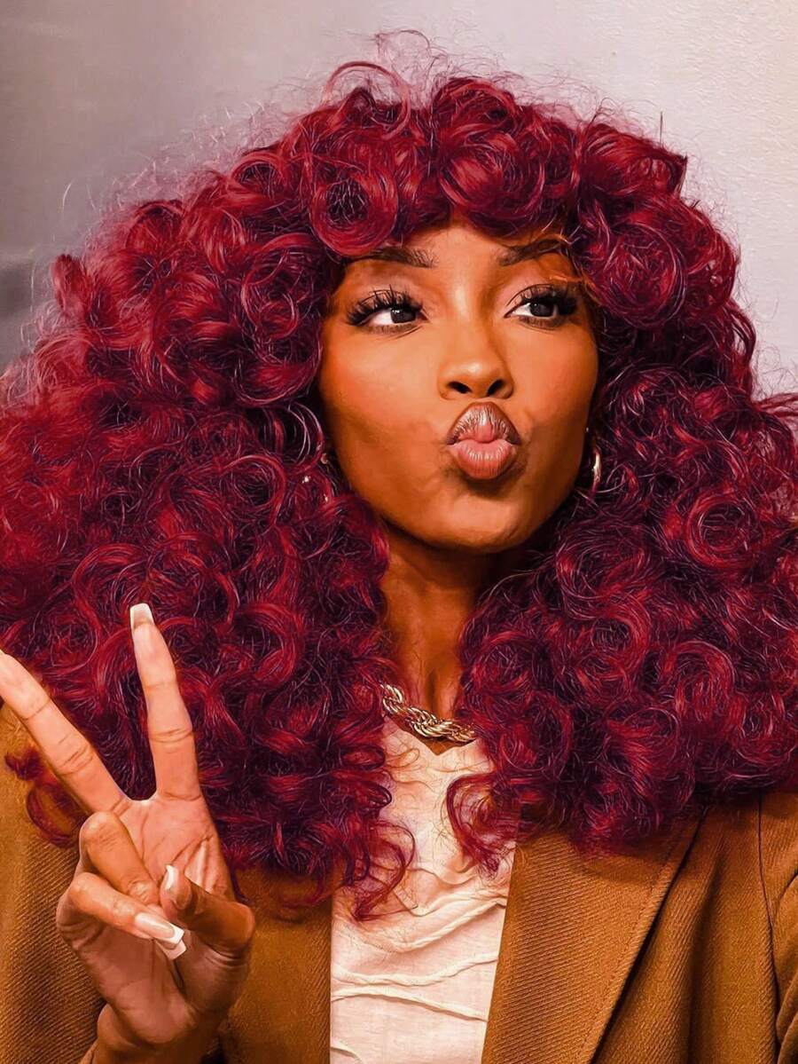 18 Inch Women Long Curly Wig With Bangs, Big Fluffy Synthetic Fiber Wig Without Glue Or Trace, Suitable For Cosplay And Daily Wear