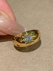 rundraw 2件套2026新款时尚几何彩色锆石复古铜色可调节戒指套装，送给女性的绝佳礼物，适合日常、约会、派对佩戴，是送给朋友、女友、爱人的最佳礼物。 - 金色 - 查看 3