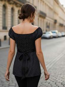 Women Fairy Grunge Y2k Babydoll Shirt Cap Sleeve Polka Dot Tie Back Flowy Crop Top Summer Aesthetic Square Neck Ruched Shirt Preppy Clothes - 黑色 - 查看 2