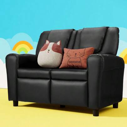 Keezi Kids Recliner Chair Double PU Leather Sofa Lounge Couch Armchair Black