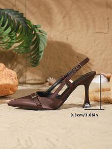 9cm Pointed Toe Elegant Satin Fabric High Heel Pumps, Slingback Design, Suitable For Daily Wear, Party, And Work, Brown Color - Brown - View 5