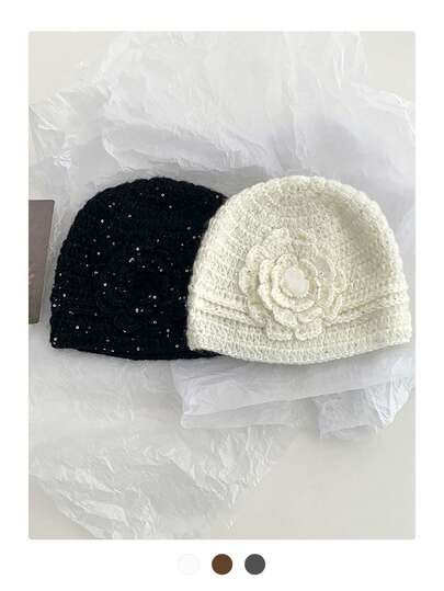 1pc Floral Sequin Rabbit Fur Beanie, Handmade Crochet Slouchy Beanie Hat, Warm Knitted Cap For Women, Autumn/Winter