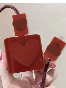 5件套酒红色心形保护壳 适用于Apple 18-20W充电器、数据线保护套