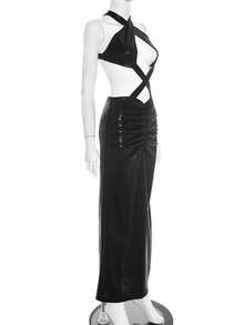 Sexy Cross Strap Halter Hollow Sexy Dress - 黑色 - 查看 7