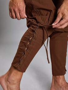 Men's Vintage Medieval Lace Up Pants, Viking Pirate Style Tapered Ankle Linen Costume Trousers For Themed Parties & Reenactments - màu nâu - Xem 5