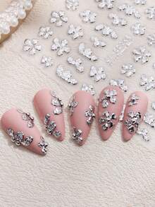 Silver Embossed 5D Nail Stickers Silverly Metal Petals Butterfly Acrylic Spring Summer Flower Sliders Nail Decoration Y2K Valentine's Day Nail Art Supplies DIY Nails - Silver - View 3