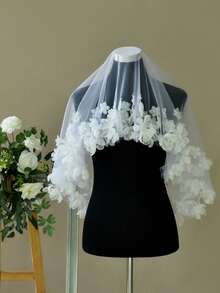 1pc Handmade Romantic Bridal Veil With Floral Applique, No Comb, Wedding Party Valentine's Day Veil - Multicolor - View 4