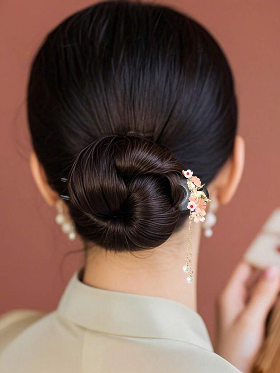 1件热带佩斯利花纹复古印花，木纹，郁金香花鸟图案，闪亮宫鹤，优雅复古波西米亚风木质U型发夹，新款流苏花朵发饰，汉服旗袍头饰，四季皆宜，发髻延长器，发夹，女士发饰 - 彩色 - 查看 1