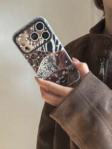 秋冬甜美辣妹拼接动物纹星空图案手机壳,兼容 17 Pro Max、16 Pro、13、14 Pro、15 Pro,创意双层防震手机壳 - 彩色 - 查看 5