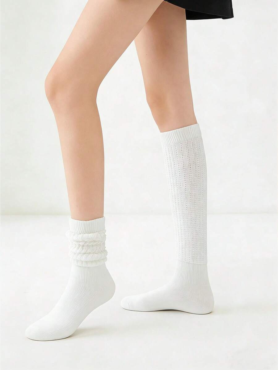 1 Pair White Slouchy Socks, Unisex Mid-Calf Warm Socks For Autumn/Winter - White - View 1