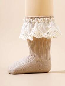 3 Pairs Girls' Vertical Stripe Solid Color Socks, Lace Trim, Spanish Style, Elegant & Sweet, Suitable For Ballet, Infant - White - View 6