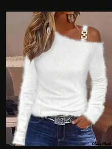 Autumn Minimalist Corn Velvet Off Shoulder Long Sleeved Top Pullover - Ivory - View 2