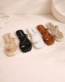 Women's Flatform Sandal With ABS Detail On The Little Toe, Elegant Women's Flat Summer - 鏽棕色 - 查看 6