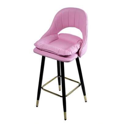 Silla alta para barra moderna taburete elegante de diseño contemporáneo con respaldo y cojín acolchado asiento tapizado en piel sintética color rosa patas metálicas reforzadas con detalles dorados base antideslizante soporte estable y reposapiés ergonómico ideal para cocina comedor barra desayunador restaurante bar cafetería mueble decorativo de lujo estilo sofisticado resistente cómodo fácil de limpiar y mantener