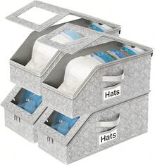 2 Pack Stackable Foldable Hat Storage Box With Hard Lid & Clear Window - Durable Fabric Organizer For Baseball Caps, Hats - Space-Saving Closet, Shelf, Under Bed Storage For Men & Women - Wardrobe Organizer & Storage, Hat Storage Organizer, Shelf Organizer, Clear Design, Sturdy Construction, Home Declutter, Compact Design, Reinforced Stitching, Home Organizer - Xám - Xem 15