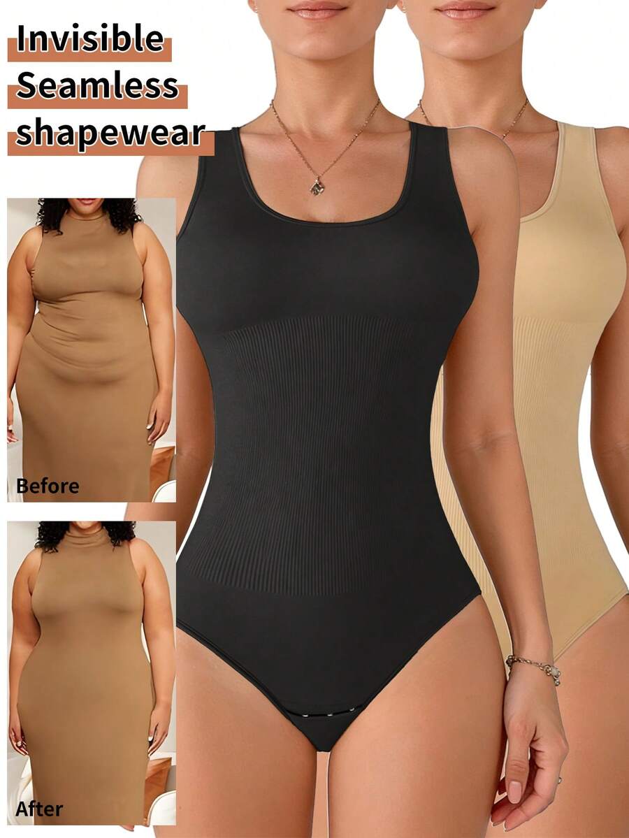 2件装女士无缝塑身连体衣 - 裸色和黑色，适合瑜伽和日常穿着，轻盈透气，情人节生日礼物