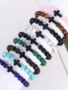 8mm Agate Cross Beaded Bracelet, Volcanic Stone, Yellow Tiger Eye, Turquoise Beaded Bracelet, Religious Unisex Jewelry - Bracelet - View 4