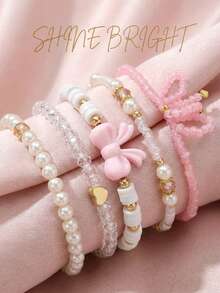 6pcs Glass Bead & Faux Pearl Soft Clay Handmade Stacking Bracelets, Pink Series Cute Sexy Versatile Holiday Y2K Bow Heart Bracelet Set
