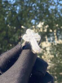 DUBSS 1 pieza Anillo de cruz con diamantes de imitación plateado para hombres, joyería de estilo hip hop - Anillo cruzado - Ver 15