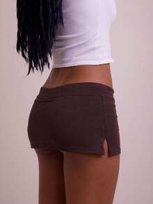 Women Y2k Mini Bodycon Skirt Solid Low Rise Drawstring Short Straight Skirts  Summer Going Out Streetwear - Brown - View 2