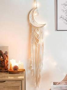 斋月/开斋节/宰牲节星月吊坠装饰，星月捕梦网，手工编织绳挂毯带流苏，家居墙面装饰，波西米亚蕾丝编织挂毯，新月星捕梦网带长流苏 - 白色手工波西米亚风格，家居装饰，工艺品，新年装饰，星月灯饰