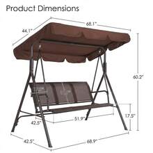 Columpio de Patio 3 Asientos para Adultos con Dosel Ajustable, Hamaca de Porche Impermeable de Textileno y Marco de Acero, para Jardín, Césped y Patio, Color Marrón - Marrón - Ver 2
