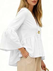Spring/Summer New Women's Casual V-Neck Pullover Top, Travel & Outing Blouse, White Button-Down Shirt, Loose Fit Casual Women's Shirt - White - View 5