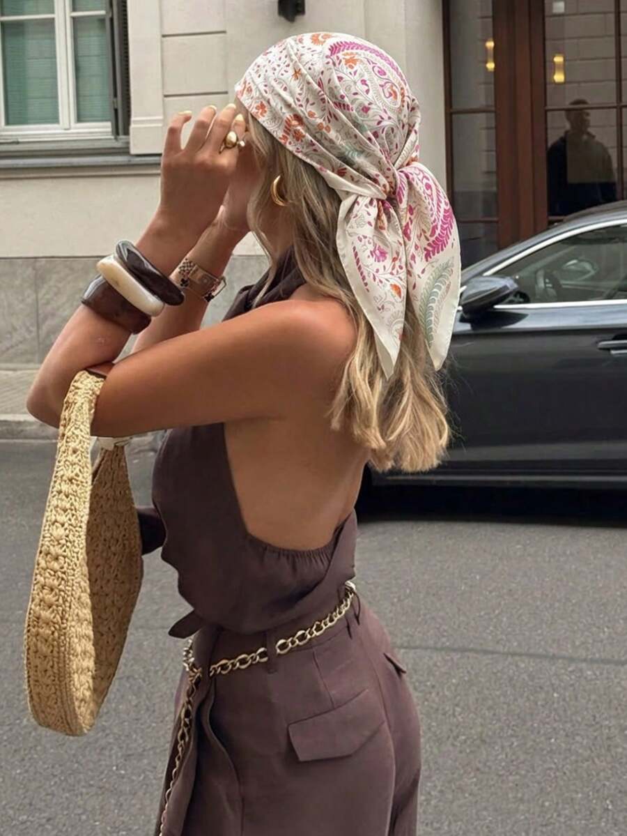 1pc Women's Fashion Printed Headscarf/Bandana, Suitable For Daily Use - Beige - View 1