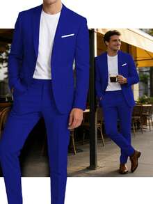 2Pcs Men's Luxury Wedding Christmas Suit Blazer Pant Set Holiday Gift Ready Tailored Fit - 寶藍色 - 查看 1