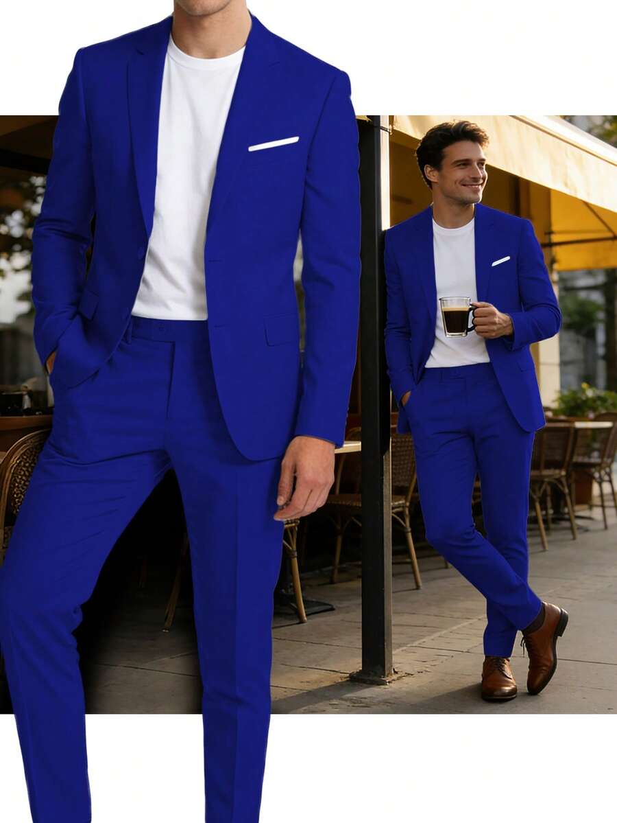 2Pcs Men's Luxury Wedding Christmas Suit Blazer Pant Set Holiday Gift Ready Tailored Fit - 寶藍色 - 查看 1
