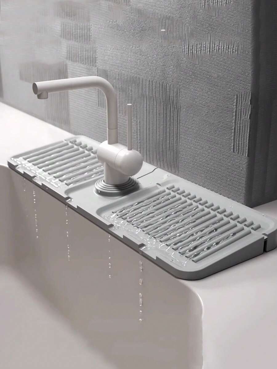 1pc Silicone Drain Mat, Kitchen/Bathroom Sink Splash Guard, Anti-Slip Mat/Rack, Sloped Drainage Mat, Faucet Splash Guard, Silicone Kitchen Sink Splash Pad, Trimmable Washbasin Splash Protector