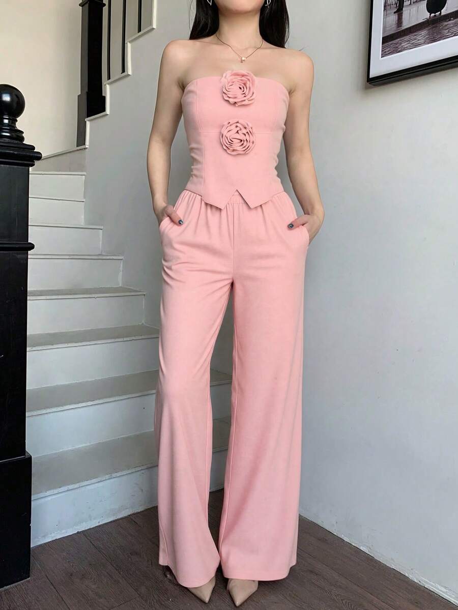 Conjunto de top  hombro descubierto de unicolor para mujer con adorno floral 3D y pantalon largo pierna ancha - Rosa - Ver 1