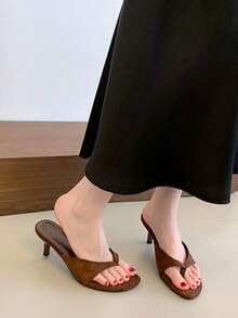 女士人字拖高跟凉鞋，户外性感时尚简约永恒优雅百搭防水沙滩凉鞋 - 咖啡棕 - 查看 4