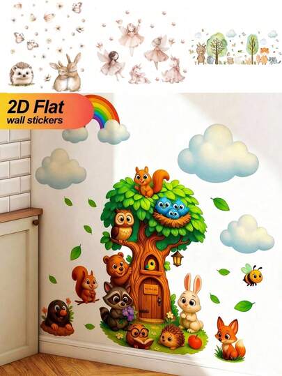 1pc Animal, Girl, Treehouse Pattern Self-Adhesive Wall Sticker, Removable Wall Decal For Kids Room, Nursery, Girls Room, Living Room, Bedroom, Window Decoration - Cute Creative Wall Art Decor For Children Room