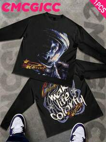 EMCGICC Street Life Men's Y2k Style (250 Cotton T-Shirt) Long Sleeve Shirt, Space Visual Printing,Cotton Graphic T-Shirt, Men's Hip Hop Style - Long Sleeve T-Shirt, Fun Vintage Shirt, Regular Fit, Street Style, Halloween, Digital Print, Ideal Gift - 黑色3 - 查看 1