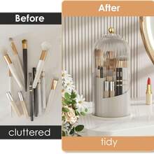 360-Degree Makeup Brush Storage Box With Transparent Cover 360-Degree Rotating Sliding Opening Dust Brush Container, Suitable For Vanity, Bathroom Room - 白色 - 查看 4