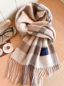1 chiếc khăn choàng/khăn quàng cổ kẻ caro bằng len 100% dành cho nữ, chất liệu cao cấp giữ ấm cổ mùa đông, quà tặng sinh nhật. - Màu kaki trắng - Xem 3