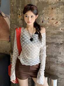 Women's Floral Mesh Long Sleeve Sheer Design T-Shirt - White - View 8