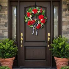 Red Geranium Wreaths For Front Door Year Round Outside, Artificial Spring Summer Wreath With Buffalo Bowknot Farmhouse Home Decor - Red - View 3
