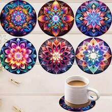 6个彩色曼陀罗花木质杯垫 - 10*10厘米，适用于咖啡、茶和其他饮料 - 完美保护桌面，家居装饰，卧室、办公室、餐厅、厨房，乔迁礼物、婚礼装饰、生日礼物、餐桌装饰、圣诞礼物，杯垫套装，饮料杯垫，家用杯垫，可选1套、2套或3套 - 彩色 - 查看 7