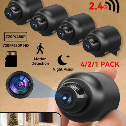 1/2/4 piezas Cámara de WiFi inteligente, video en HD 720P en tiempo real, visión nocturna, detección de movimiento, grabación continua, diseño compacto para uso en interiores/exteriores